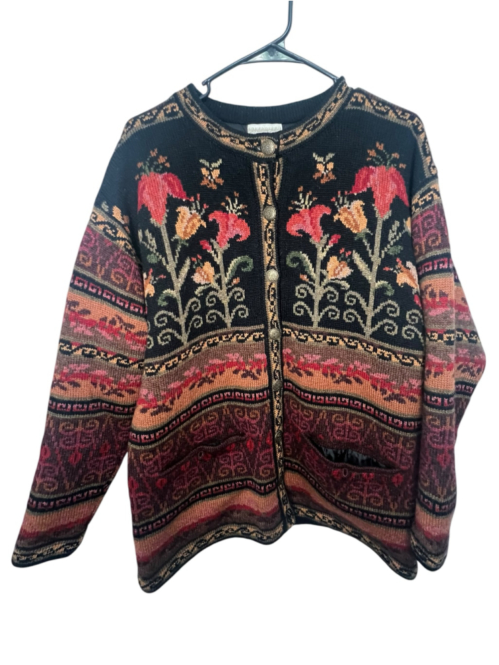 Coldwater Creek 100% Shetland Wool Floral Fair Isle Button Up Cardigan Sweater